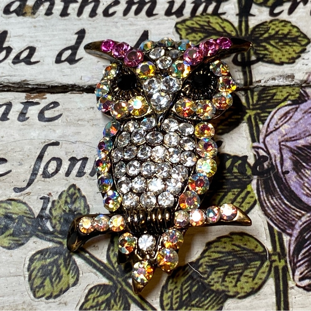 Sparkling Wise Owl Brooch Pin Gold Tone-Aurora Borealis Rhinestones
